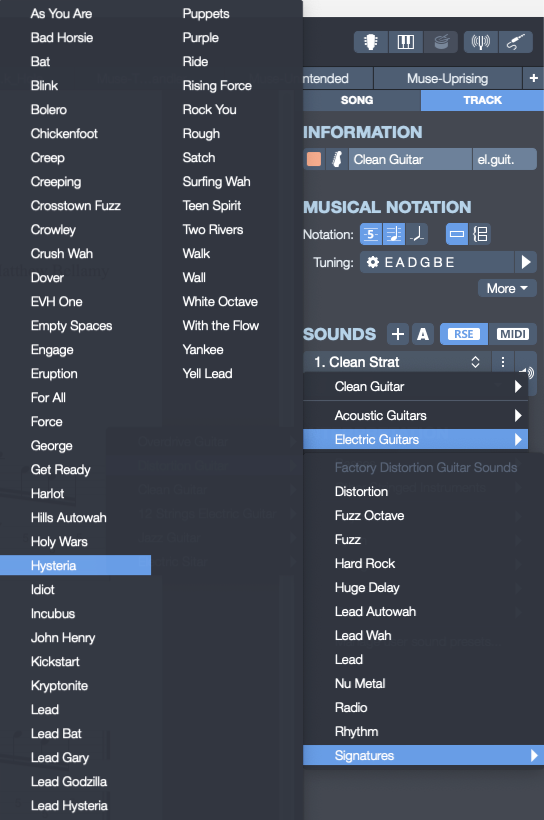 How to use Muse signature sounds in Guitar Pro 7.5. Here is how to find Muse signature sound called "Hysteria" in Guitar Pro 7.5.