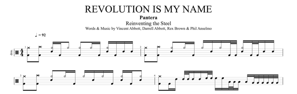 The score for the drum pattern: Revolution is my name, by Pantera, on Drums. 
