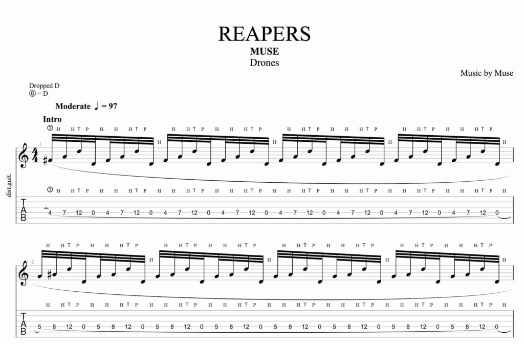 The guitar tablature of Reapers by Muse.