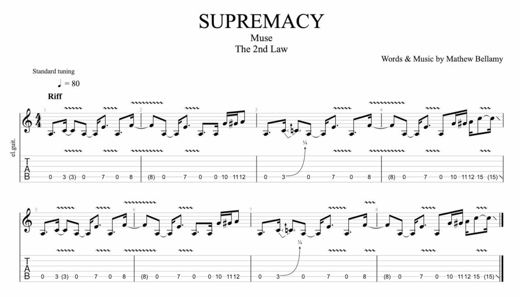 The tablature of the introduction of the song Supremacy by the band Muse on the guitar. 