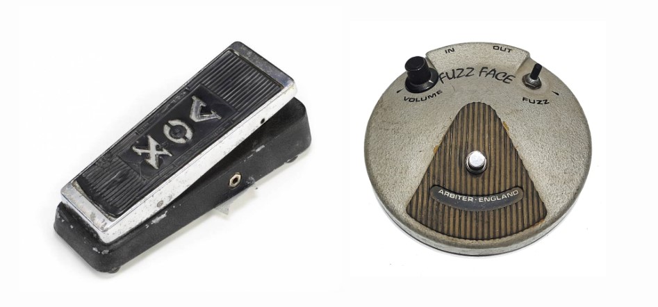 1966 Arbiter Fuzz Face used by Jimi Hendrix and late 1960’s Vox Clyde McCoy wah-wah pedal used by Jimi Hendrix