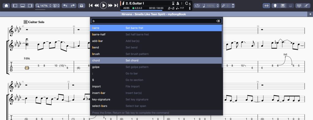 Shortcuts to the main features of Guitar Pro 8. The command palette is a great new tool to save time in your transcribing process. 