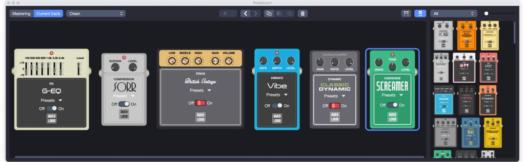 In the new Guitar Pro pedalboard choose the pedals you need to make your scores sound  great.