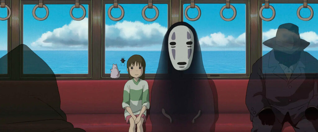 Scene from 'Spirited Away' with Chihiro and No-Face, evoking the film's enchanting music