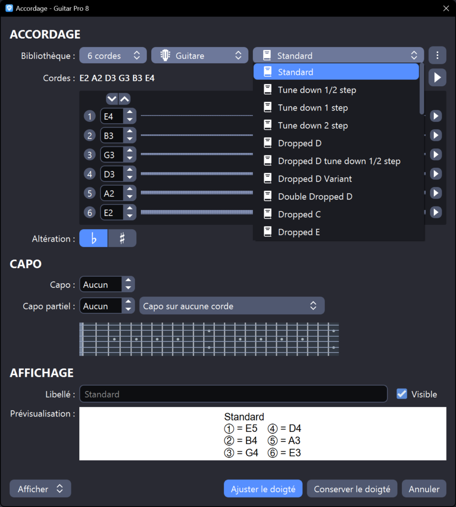 Sélection de l'accordage standard dans Guitar Pro