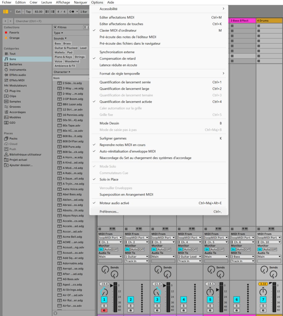 Réglage de la Sortie Audio et des Entrées MIDI dans Ableton Live.