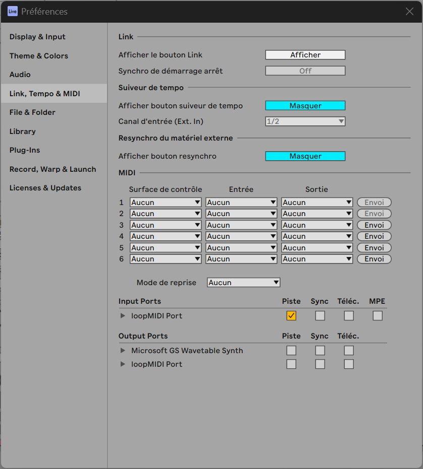 Paramètres Link, Tempo & MIDI dans Ableton Live.