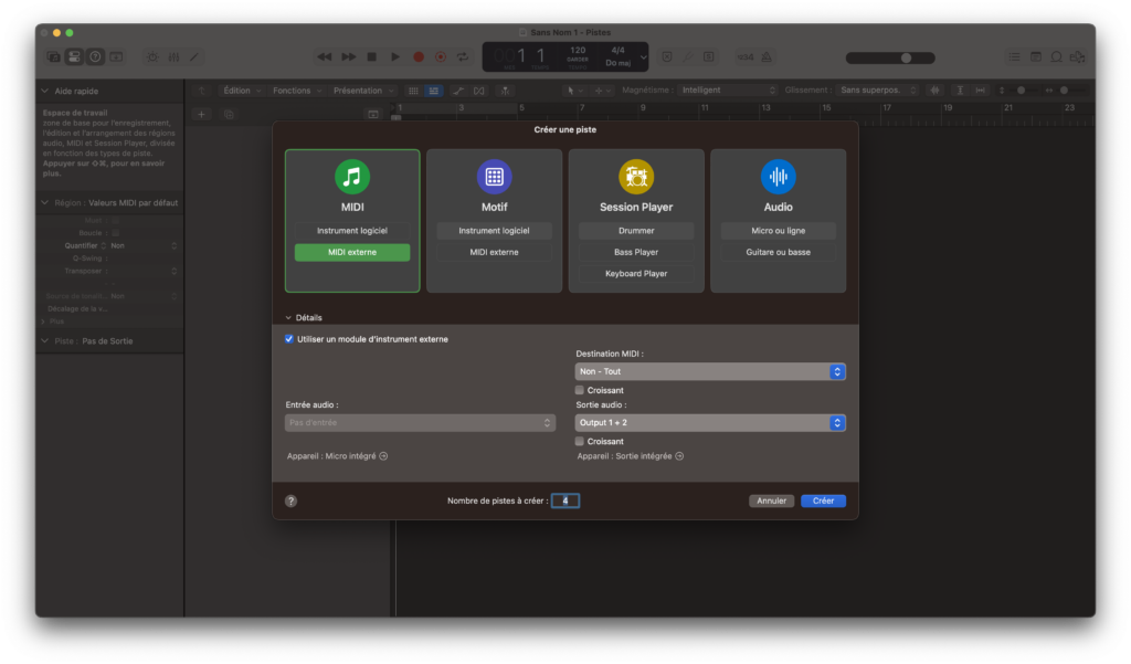 L'image capture la boîte de dialogue "Créer une nouvelle piste" dans Logic Pro.