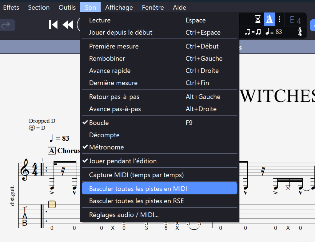 Changer l’ensemble des Pistes de RSE à MIDI dans Guitar Pro.