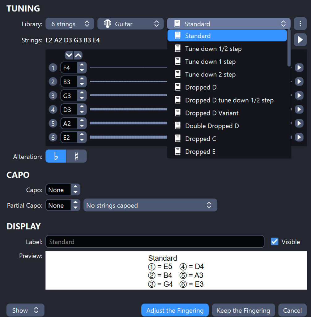 Selecting standard tuning details in Guitar Pro