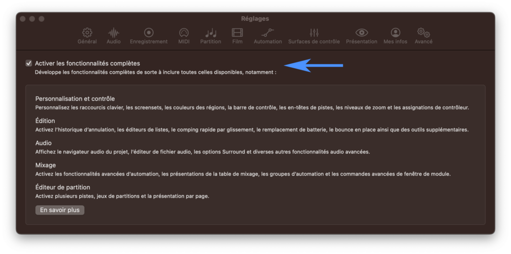 Paramètres Avancés dans Logic Pro.