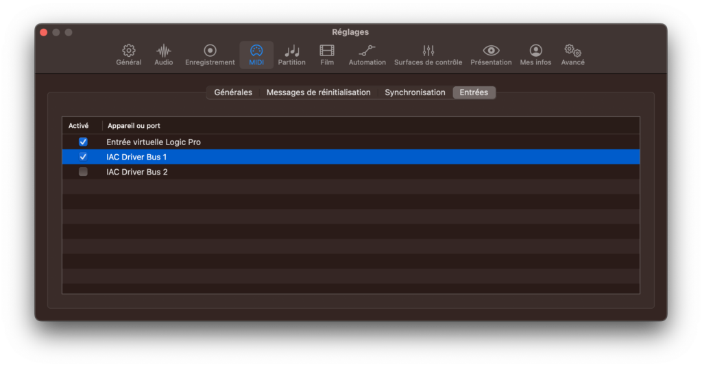 les paramètres MIDI dans Logic Pro, avec les périphériques d'entrée répertoriés.