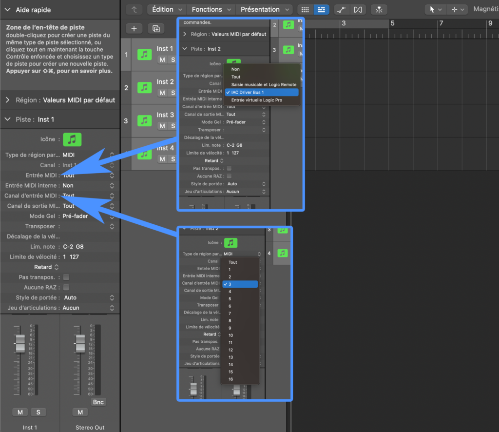 Configuration MIDI pour une Piste dans Logic Pro.