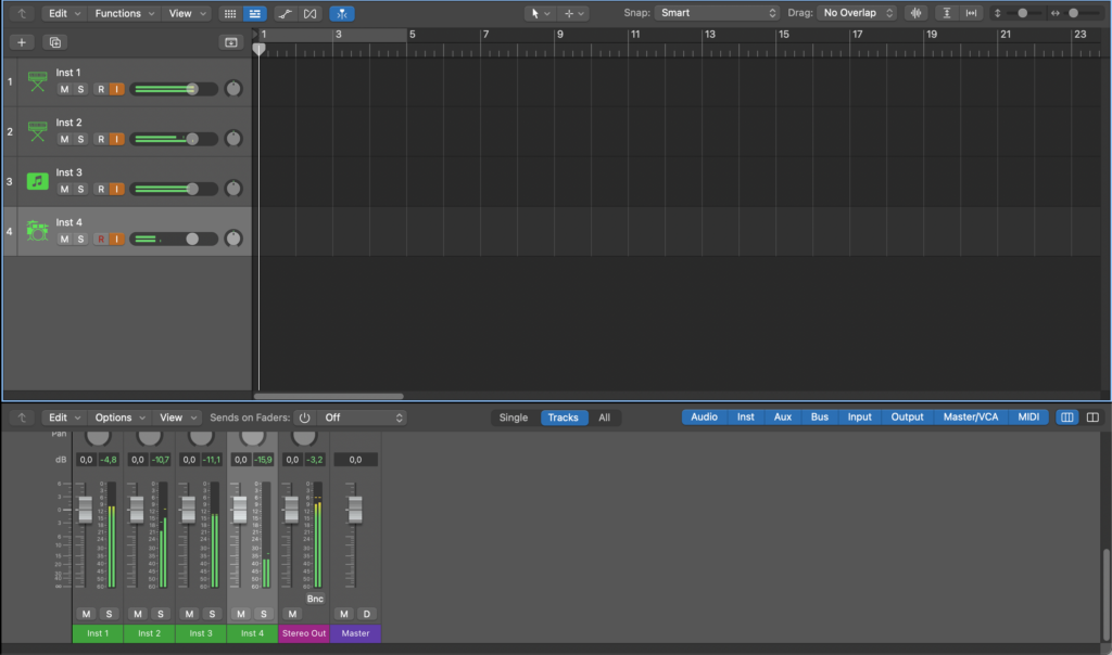 Arming and Recording Tracks in Logic Pro Track View