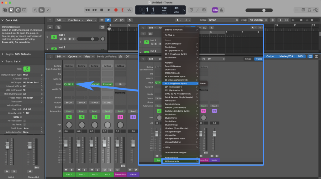 Logic Pro setup for an external instrument plugin.