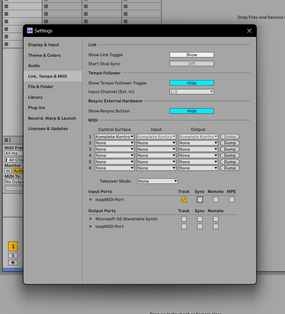 Configuring the DAW to Receive MIDI Ableton