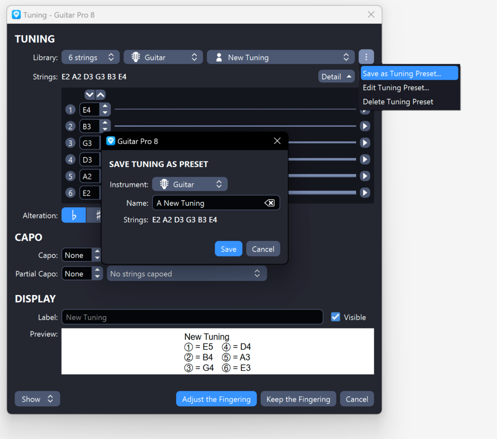 Guitar tuning adjustment interface in Guitar Pro