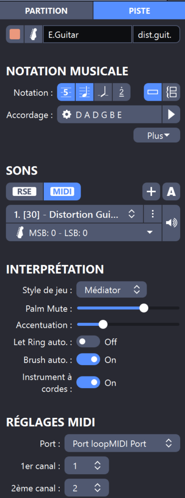 Changer la Piste de RSE en MIDI dans Guitar Pro.