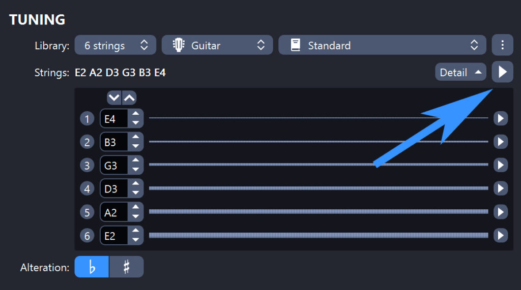 Play tuning parameters in Guitar Pro