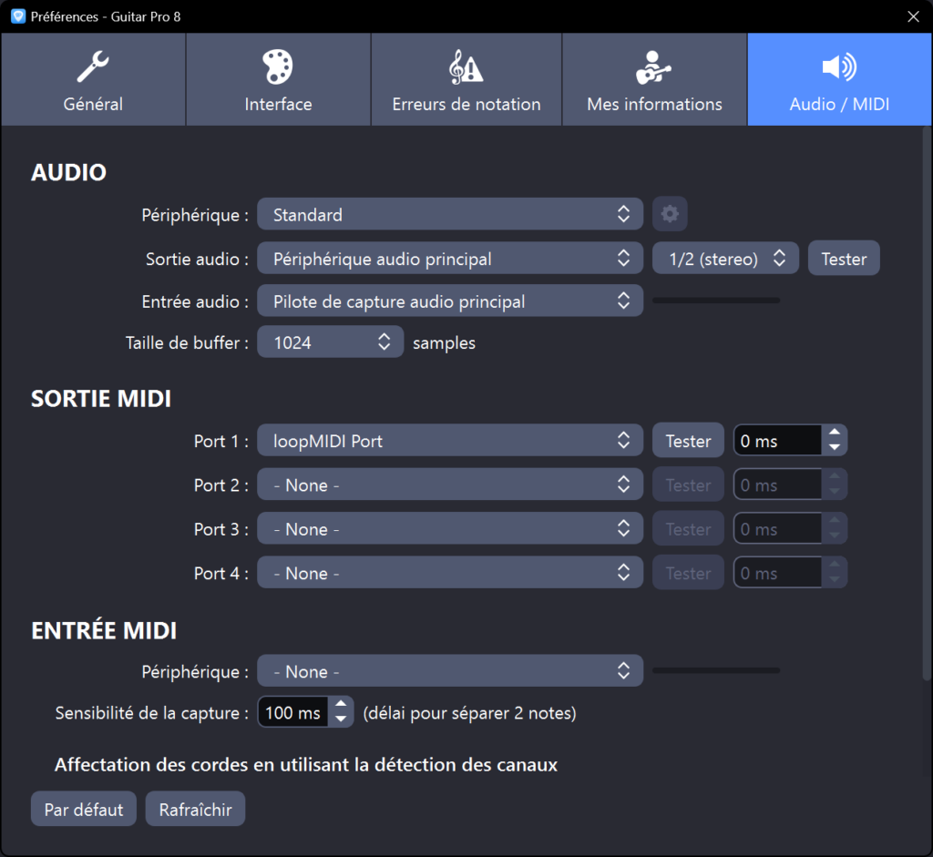 Configuration de Guitar Pro pour Transmettre des Données MIDI.