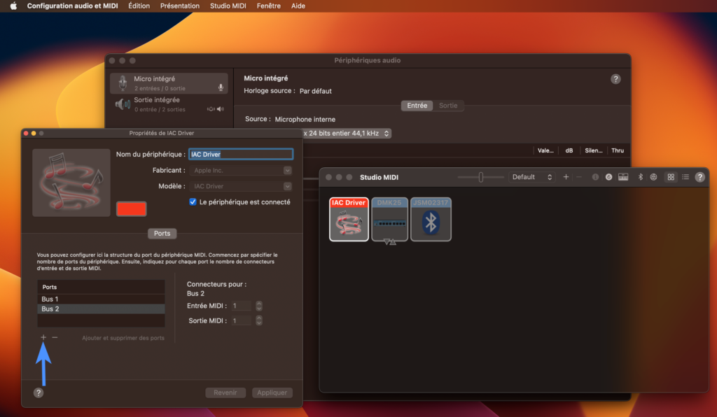  Propriétés de l'IAC Driver. Ajoutez des câbles MIDI virtuels en cliquant sur le signe +. 