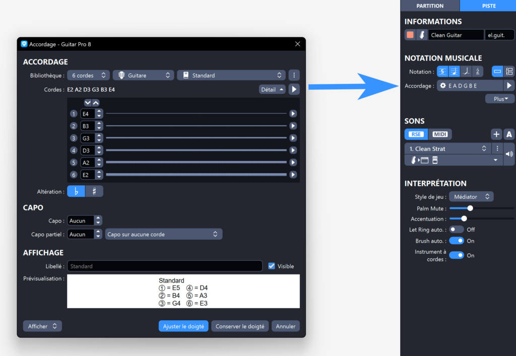 Interface de réglage de l'accordage de guitare dans Guitar Pro