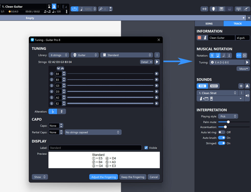 Guitar tuning adjustment interface in Guitar Pro