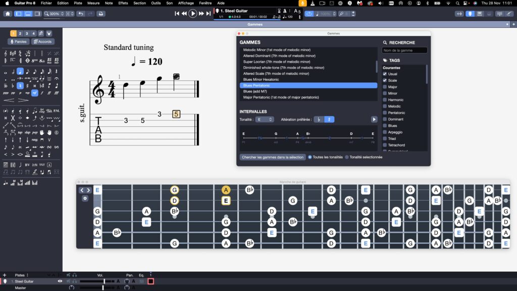 Gammes Guitar Pro vue manche