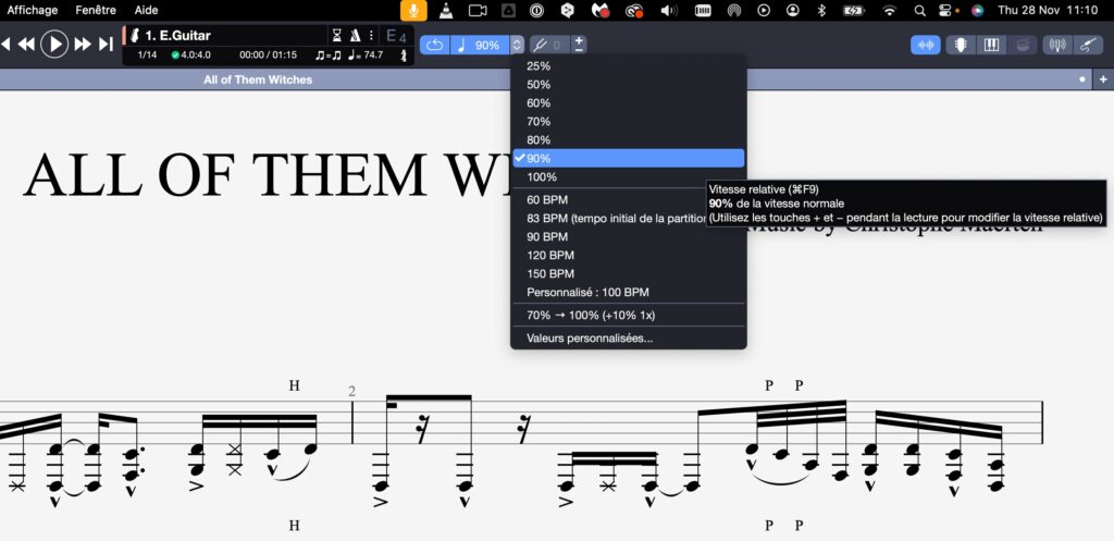 Augmentez progressivement la vitesse et incorporez différentes gammes pour enrichir votre vocabulaire musical. Vous pouvez utiliser la fonction de vitesse relative pour augmenter ou diminuer le tempo.