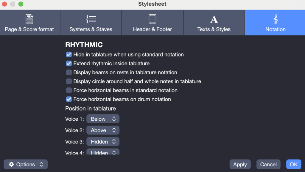 Tablature notation settings