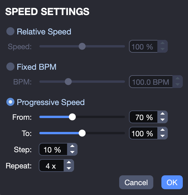 Speed trainer settings