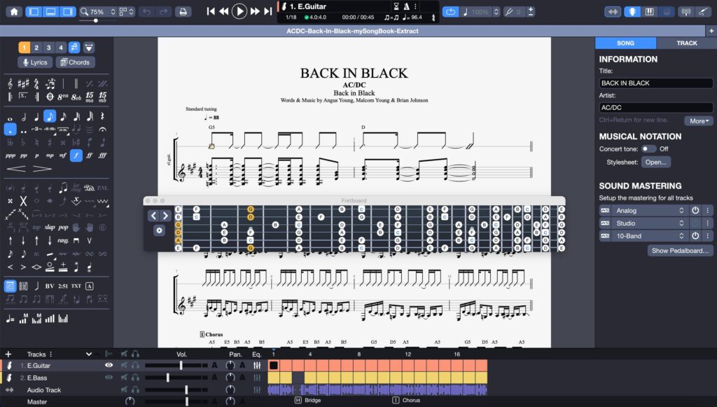 Interfaz de Guitar Pro 8 con vista del mástil de la guitarra