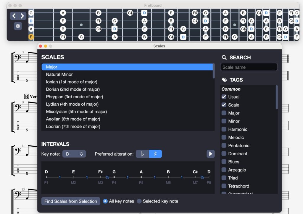 Manche de basse de Guitar Pro 8 avec gammes