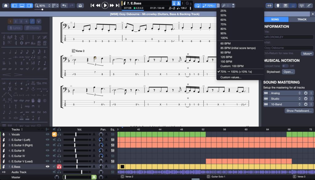 Interfaz de herramientas de práctica de bajo de Guitar Pro 8