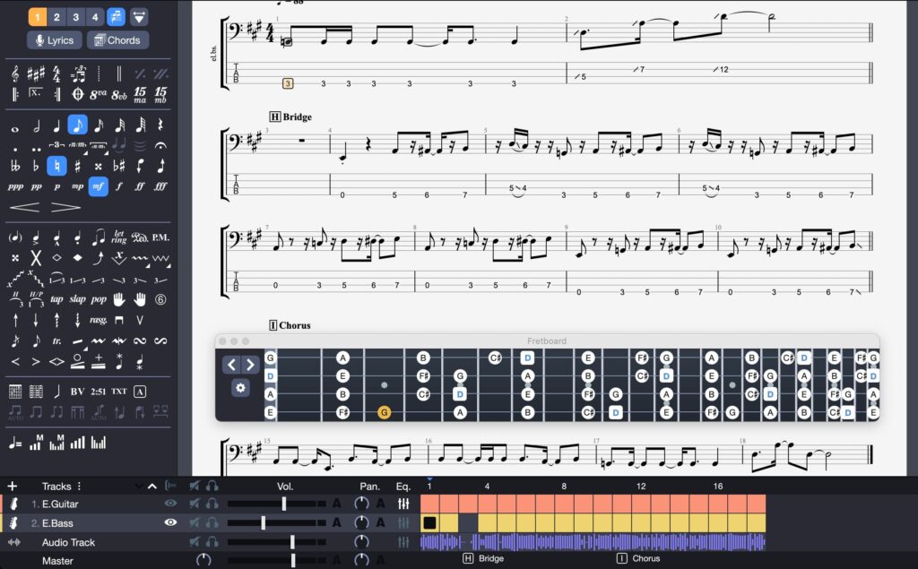 Herramientas de edición específicas para bajos de Guitar Pro 8