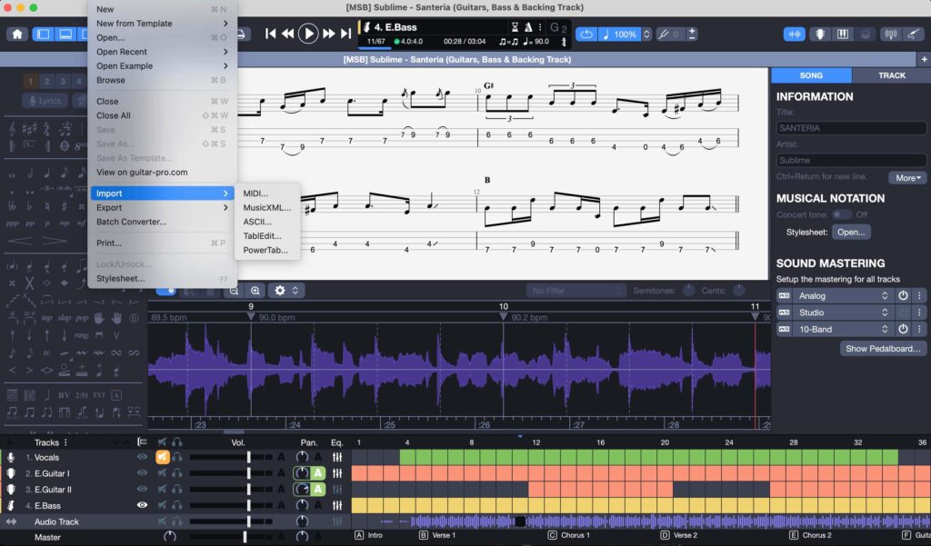 Partitura de bajo de Guitar Pro 8 con audio sincronizado