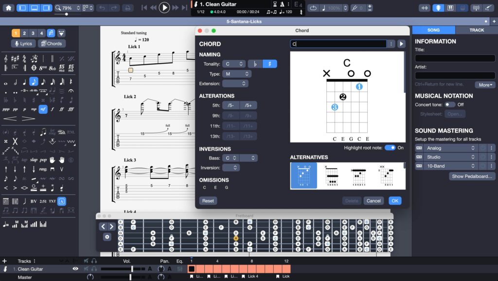Biblioteca de acordes y escala en el diapasón de Guitar Pro 8