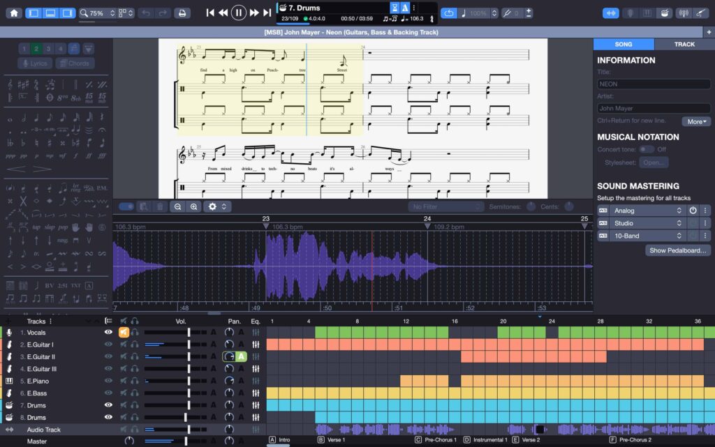 Partitura de batería de Guitar Pro 8 con pista de audio sincronizada