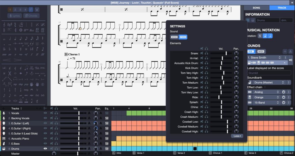 Ventana de mezcla de batería de Guitar Pro 8
