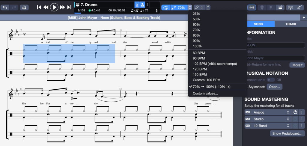 Herramientas de práctica para batería de Guitar Pro 8