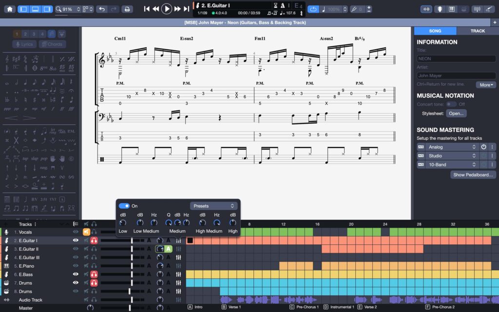 Vista multipista de Guitar Pro 8 con guitarra, bajo y batería