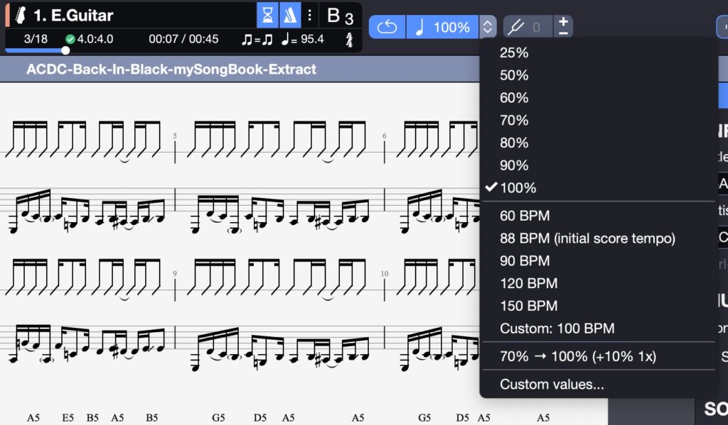 Herramientas de práctica de guitarra de Guitar Pro 8: metrónomo, cuenta atrás, looper, entrenador de velocidad.