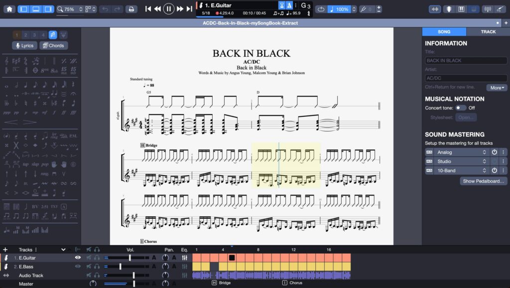 Interfaz del reproductor de tab interactivo de Guitar Pro 8
