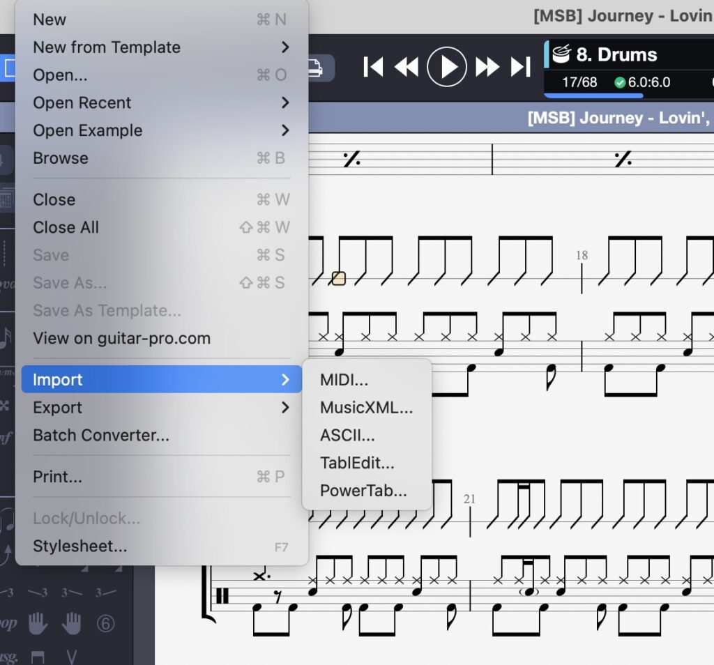 Menú desplegable de importación de Guitar Pro 8