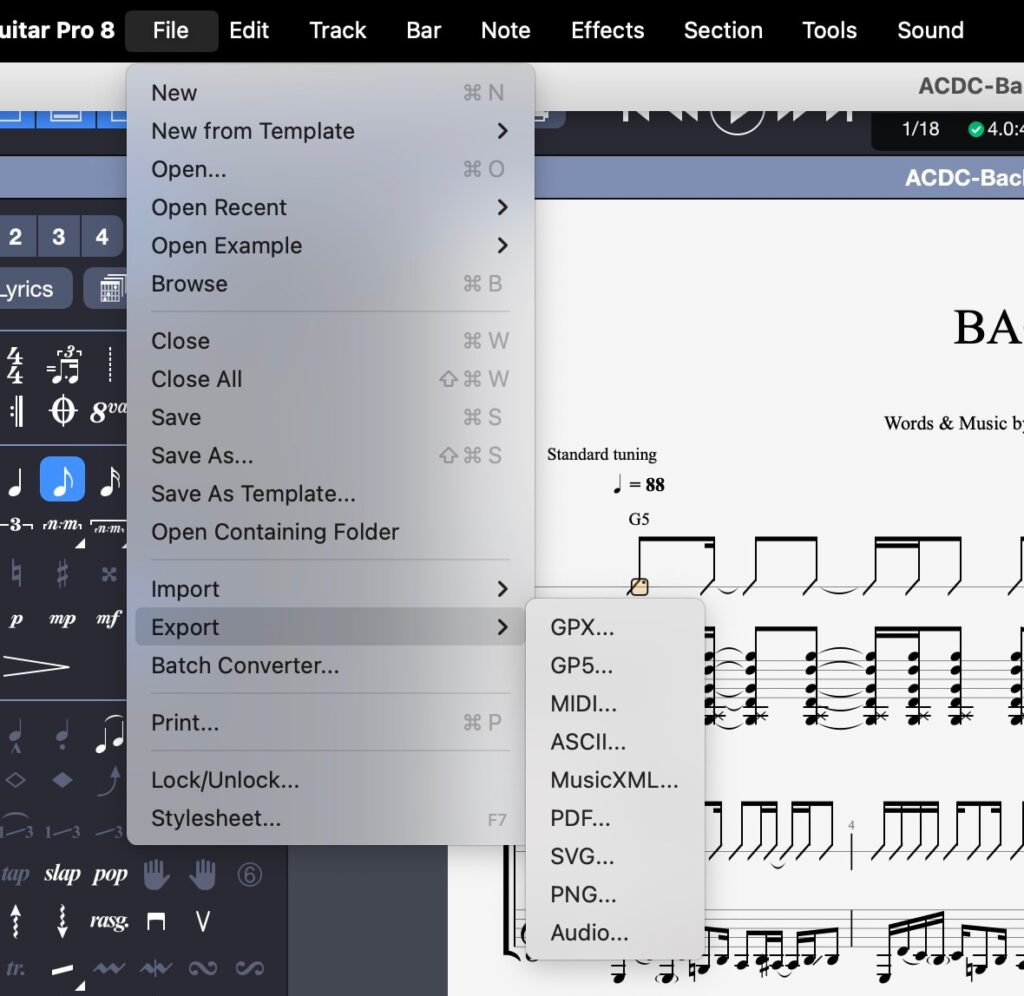 Menú desplegable de importación/exportación de Guitar Pro 8