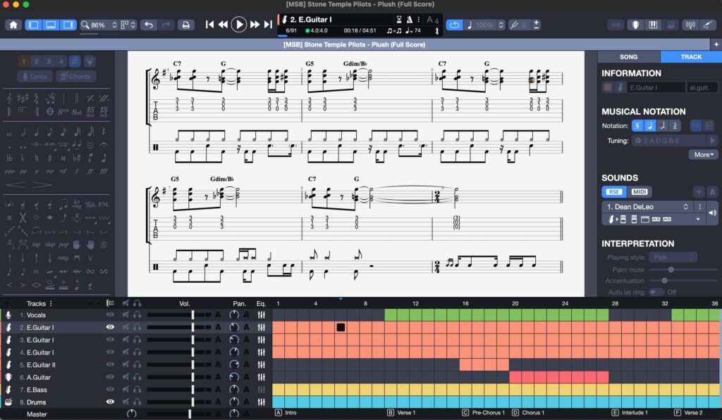 Partitura multipista de Guitar Pro 8