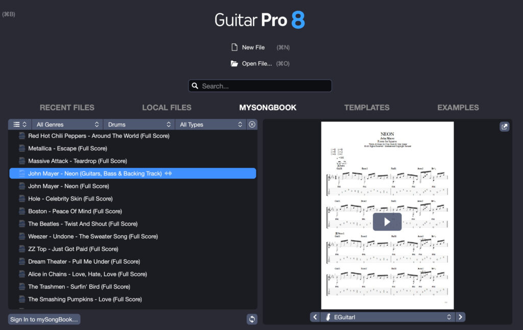 Biblioteca de batería mySongBook de Guitar Pro 8