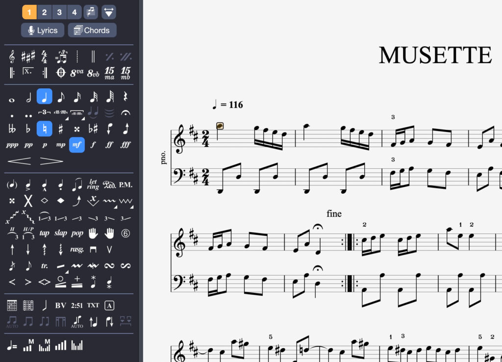 Guitar Pro 8 piano sheet music editing interface
