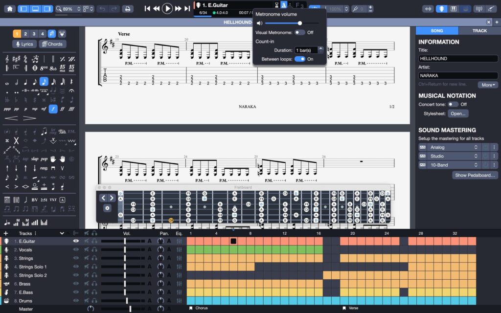 Herramientas de práctica de Guitar Pro 8 con vista del mástil de la guitarra