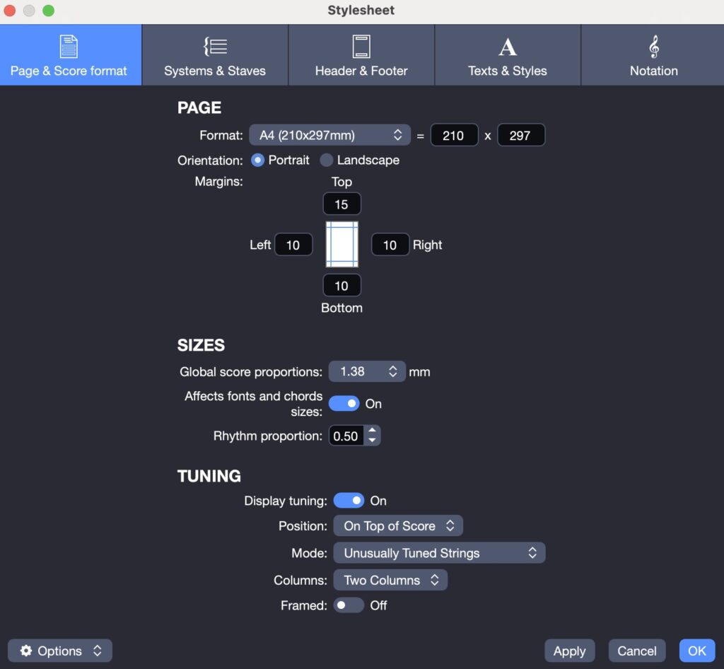 Ventana de la hoja de estilo de Guitar Pro 8